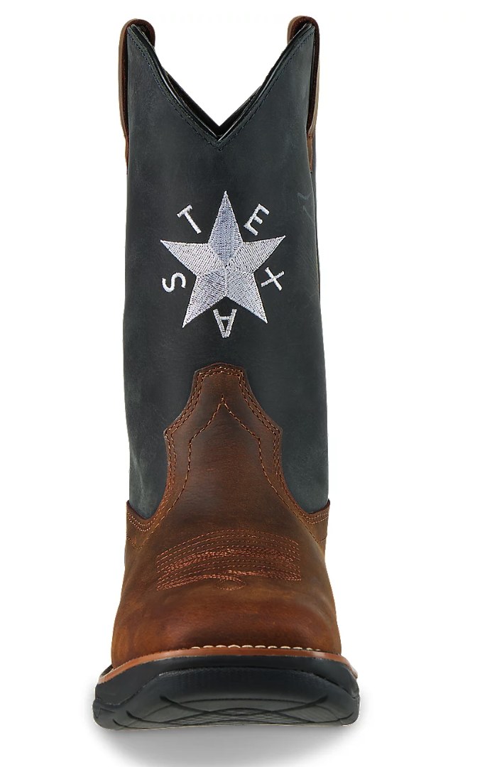 Pair of Brazos western work boots on a rugged outdoor surface, showcasing leather texture and western craftsmanship