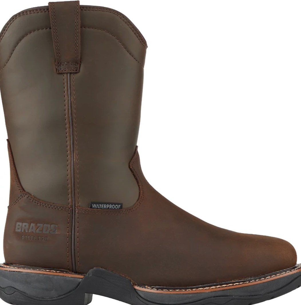 Brazos dark brown waterproof steel toe western pull-on work boot with lug sole, side view
