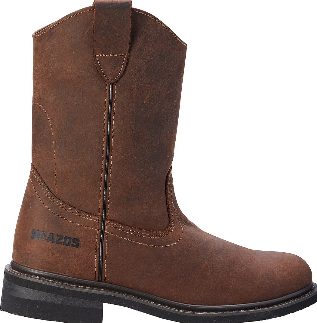 Brazos dark brown distressed leather pull-on work boot with contrast stitching, side view