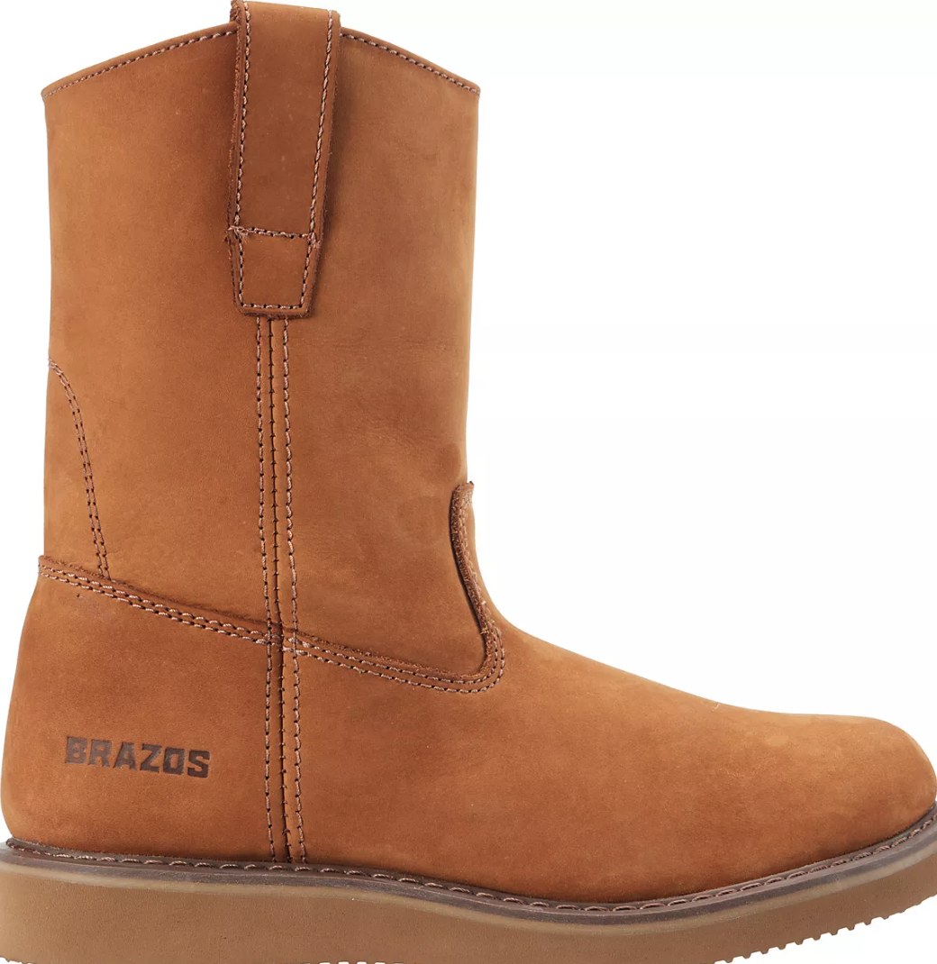 Brazos tan nubuck leather pull-on work boot with wedge sole and rear pull tab, side view